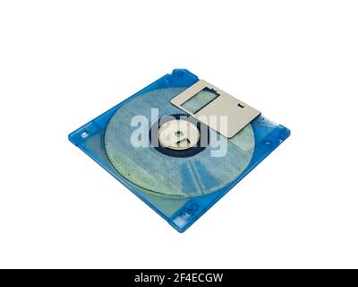 Old blue partially transparent floppy disk on white background Stock Photo