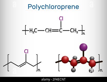 Neoprene, polychloroprene molecule. It is polymer, synthetic rubber obtained by polymerization of chloroprene. Structural chemical formula and molecul Stock Vector