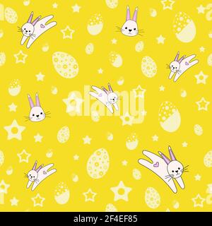 A cute seamless pattern with rabbits, flowers and easter eggs. Easter spring design with bunnies. Vector illustration Stock Vector