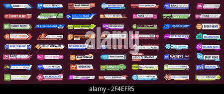 Lower third tv news bars. Television headline breaking news banners, online broadcasting show. Tv media news title banner vector illustration set. Liv Stock Vector