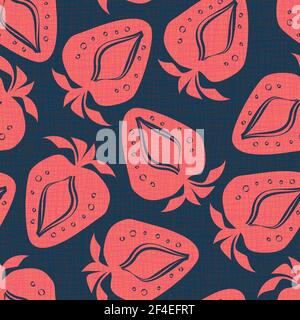 Linocut print strawberries linen vector seamless pattern background.Soft fruit motifs blended onto Hessian fiber texture.Red navy blue backdrop.Woven Stock Vector