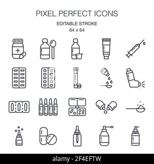 Pharmaceutical dosage forms editable stroke outline icon pack isolated on white background vector illustration. Pixel perfect. 64 x 64. Stock Vector