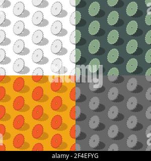 set of seamless patterns with circular saw blades in isometric with shadows. Ornament for decoration and printing on fabric. Design element. Vector Stock Vector