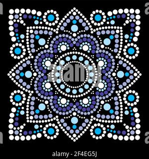 Dot art vector ethnic mandala in square, traditional indigenous Aboriginal dot painting design from Australia in blue and white Stock Vector