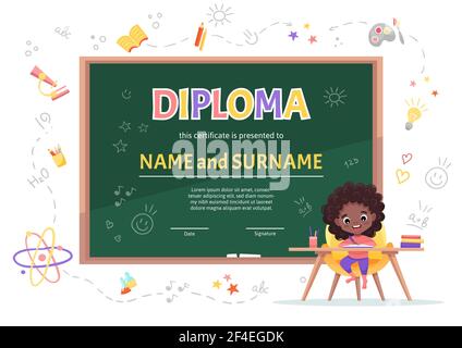 School kids Diploma certificate template with a cute black girl at the table making homework Stock Vector