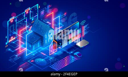 Smart home system develop. Internet of things. Engineering design digital infrastructure of house, configuration scripting of work smart devices Stock Vector