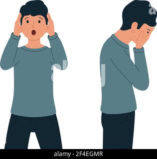 Young guy experiencing depression and stress in flat design. Depressed man vector illustration. Stock Vector