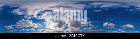 Sky panorama with Cirrus clouds in Seamless spherical equirectangular format. Full zenith for use in 3D graphics, game and editing aerial drone 360 Stock Photo