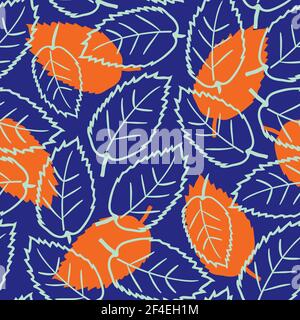 Elm leaf seamless vector pattern background. Hand drawn line art outline leaves and silhouette shadow neon orange indigo backdrop. Texture botanical Stock Vector