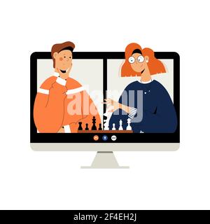 Two people plays chess online.  Stock Vector