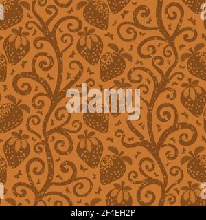 Strawberry linocut Indian Florals style seamless vector pattern background. Winding stems with berries and butterflies. Ochre terracotta color design Stock Vector