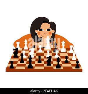 Cute girl plays chess.  Stock Vector