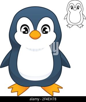 Cute Adorable Baby Penguin with Line Art Drawing, Animal Birds, Vector Character Illustration Mascot Logo in Isolated White Background. Stock Vector