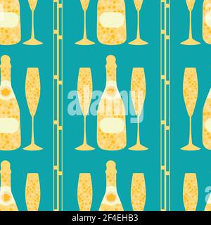 Champagne icons vector seamless pattern background. Fun abstract fizzing bottles, glasses with art deco style vertical stripes. Sparkling wine aqua Stock Vector