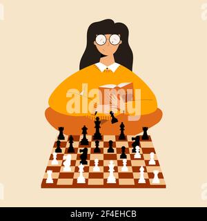 Cute girl plays chess.  Stock Vector