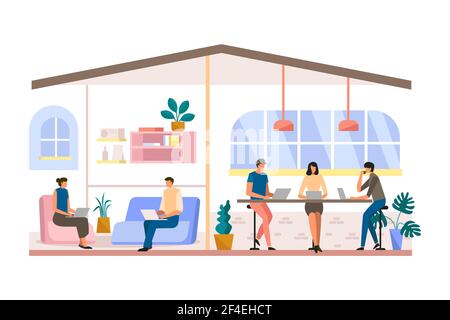 Long view flat-hand drawn coworking space Vector illustration. Stock Vector