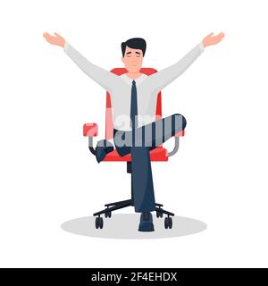 A Young guy relaxed sitting meditates in an office chair. Raising hands up and laying his leg. Vector illustration. Stock Vector