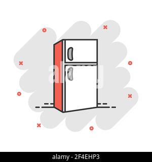 Fridge refrigerator icon in comic style. Freezer container vector cartoon illustration pictogram. Fridge business concept splash effect. Stock Vector