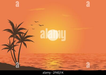 beautiful sky view of sunset on beach with palm tree silhouette on gradient color background vector illustration Stock Vector