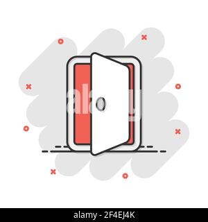 Vector cartoon entrance door icon in comic style. Exit doors concept illustration pictogram. Doorway entrance business splash effect concept. Stock Vector