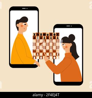 Two people plays chess online.  Stock Vector