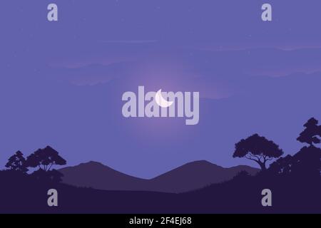 vector illustration of savanna landscape at night in Africa. background design concept of the wild with a dark blue color on at night Stock Vector