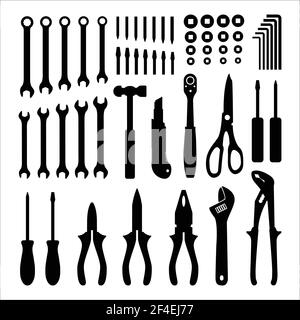 carpentry tools vector silhouettes design concept icon set. collection of the tools carpentry symbol isolated white background Stock Vector