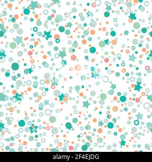 Seamless abstract pattern with shabby spots, bubbles and stars of different pastel blue and green colors. Magic kaleidoscope background. Decorative wa Stock Vector