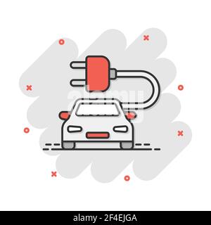 Vector cartoon electro car icon in comic style. Electric automobile vehicle illustration pictogram. Ecology car sedan splash effect concept. Stock Vector