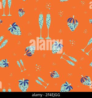 Abstract champagne and strawberry vector seamless pattern background. Neon orange light blue backdrop with fizz, champagne flutes, strawberries soft Stock Vector