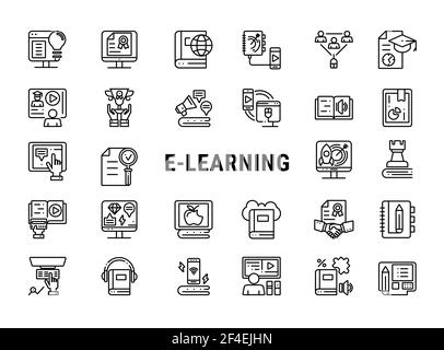 E-learning, education online icon set. Outline collection elements Stock Vector