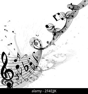 Musical Design From Music Staff Elements With Treble Clef And Notes On Trasparent Grunge Background With Copy Space. Shadow With Transparency;  Elegan Stock Vector