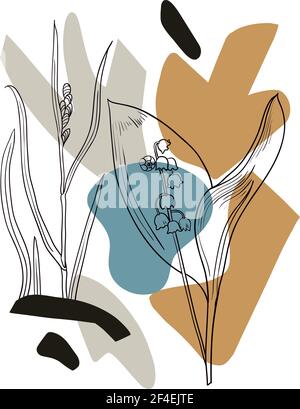 Poster in contemporary minimalistic boho style with geometric abstract shapes and plant outline silhouettes. Stock Vector