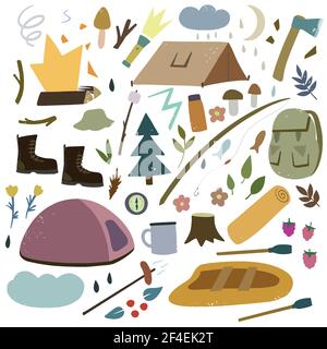 Big set of cute doodle elements of campaign and hiking theme. Stock Vector