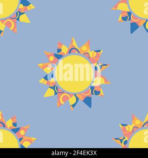 Seamless vector pattern with summer sun on blue background. Simple artistic sunny wallpaper. Happy children fashion textile. Stock Vector