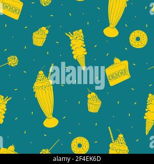 Sweet food seamless vector wallpaper pattern with ice cream, cake, cupcake and donuts silhouettes on turquoise background. Bright yellow food. Stock Vector