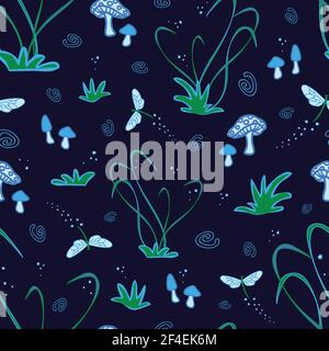 Seamless vector pattern with dragonfly and mushrooms on blue background. Bio luminescence magic forest wallpaper design. Stock Vector