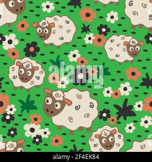 Seamless vector pattern with sheep and flowers on green background. Animal wallpaper design with pastel colours. Stock Vector