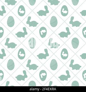 Easter seamless pattern with icons of painted eggs and rabbits. Egg hunt vector illustrations, christianity traditional celebration wallpaper. olive c Stock Vector