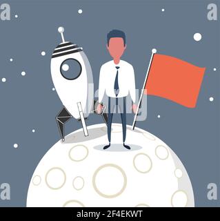 Business concept of goal achievement. Handsome businessman hoisting the flag on the Moon. Stock vector illustration. Stock Vector