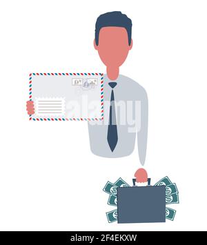 Businessman or clerk holding a suitcase with money and an envelope. Male character in simple style with objects, flat illustration. Business concept Stock Vector