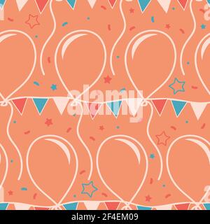 Seamless vector pattern with balloons and party wall flags on pink background. Simple birthday wallpaper design for children. Stock Vector