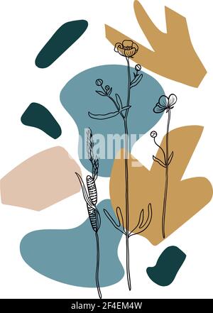 Poster in contemporary minimalistic boho style with geometric abstract shapes and plant outline silhouettes. Stock Vector