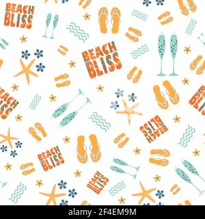 Beach bliss typography, champagne, flip flop vector seamless pattern background.Tropical color text, sandals, fizzing prosecco glasses, sea shells Stock Vector