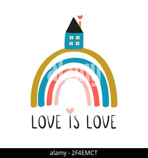 Rainbow with lettering phrase and little house. Love is All card. Vector Illustration stock illustration. House, Logo, Rainbow, Domestic Life, Heart S Stock Vector