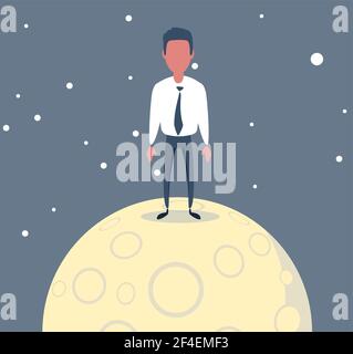 A lonely man is sitting on a big bright full moon at night alone. thinking mind. Stock Vector