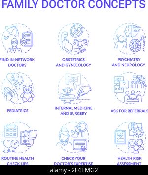 Family doctor blue gradient concept icons set Stock Vector