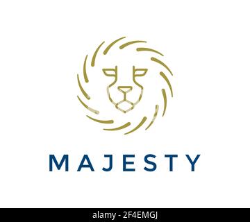 Round lion face elegant logo design. Golden lion head abstract luxury vector symbol. Stock Vector