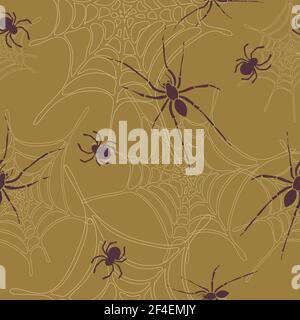 Seamless vector pattern with spiders and spiderwebs on brown beige background. Scary insects wallpaper design. Stock Vector