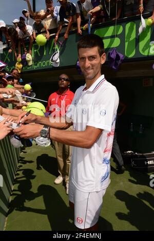 KEY BISCAYNE, FL - APRIL 01: Novak Djokovic of Serbia defeats Andy Murray of Great Britain in the men's singles final on day 14 of the Sony Ericsson Open at Crandon Park Tennis Center on April 1, 2012 in Key Biscayne, Florida.   People:  Novak Djokovic